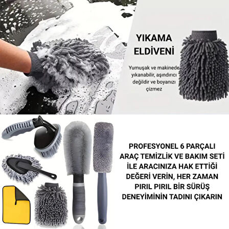 Coofbe 6 Parça Profesyonel Mikrofiber Araç Oto Yıkama Seti Yıkama Eldiveni Jant Lastik Fırçası Toz Fırçası