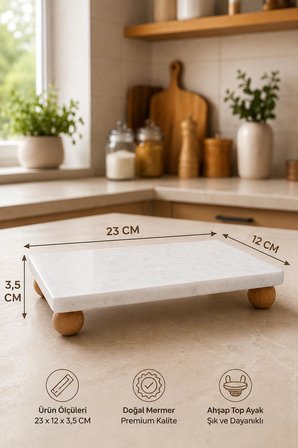 Top Ayaklı Doğal Mermer Sunumluk 23x12 cm Ahşap Ayaklı Dekoratif Servis Standı Ve Yağlık Altlığı