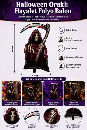 Halloween Folyo Balon Oraklı Hayalet 45x76 cm Cadılar Bayramı Parti Süsü Temalı Dekorasyon Balonu