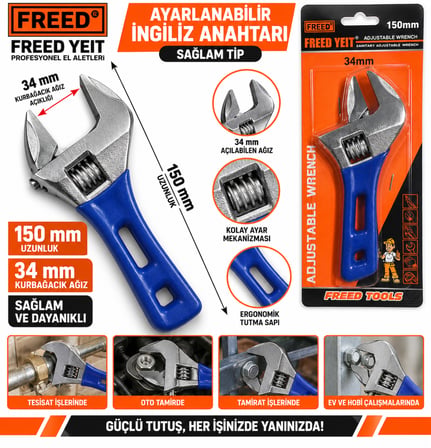 İngiliz Anahtarı Kurbağacık Ağız Kısmı : 34 mm Uzunluk : 150 mm Uzunlukta Sağlam Tip