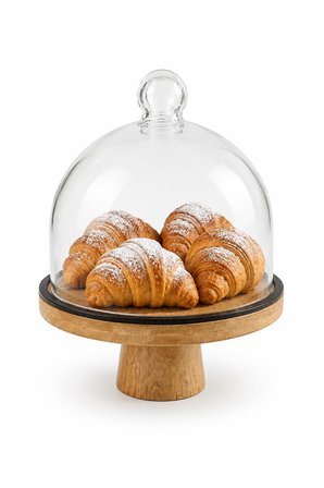 Cam Kapaklı Ayaklı Bambu Pasta Kek Standı Servis Sunum Tabağı, Kek Pasta Fanusu - 20 Cm