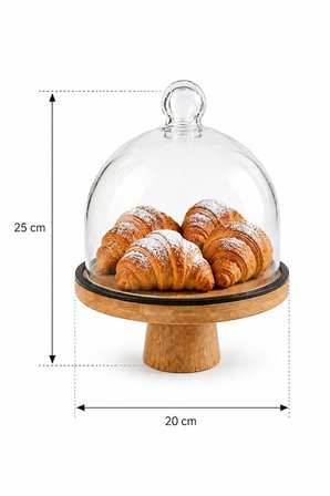 Cam Kapaklı Ayaklı Bambu Pasta Kek Standı Servis Sunum Tabağı, Kek Pasta Fanusu - 20 Cm
