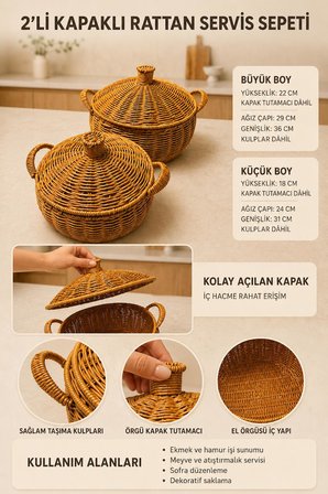 2’li Kapaklı Rattan Servis Sepeti Seti – Kulplu Tencere Ekmeklik ve Dekoratif Sunum Sepeti Meyvelik