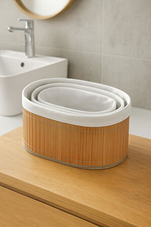 3 lü Bambu Sepet Seti - Doğal Katlanabilir,Dekoratif Organizer - Banyo Ve Ev Düzeni