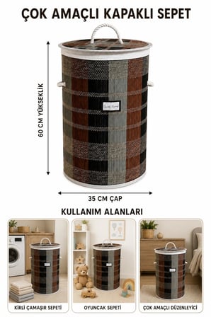 Kapaklı Kirli Çamaşır Sepeti 35x60 cm İp Kulplu Katlanabilir Çok Amaçlı Oyuncak Sepeti