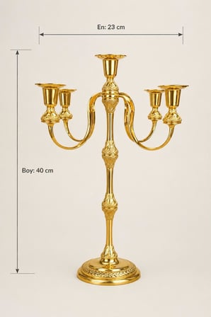 5 Kollu Çelik Şamdan Gold Renk Ayaklı Dekoratif Mumluk 40 x 23 cm