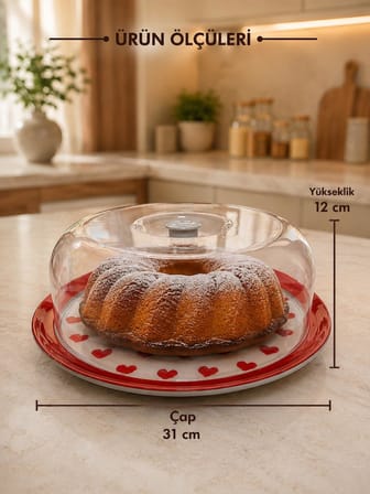 Kapaklı Kek Fanusu 31 cm Kalp Desenli Seramik Pasta ve Kek Sunum Tabağı