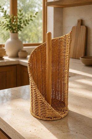 Dekoratif Rattan Kağıt Havluluk Standı Bambu Direkli Mutfak Kağıt Havlu Tutacağı