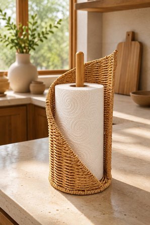 Dekoratif Rattan Kağıt Havluluk Standı Bambu Direkli Mutfak Kağıt Havlu Tutacağı