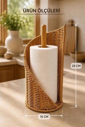 Dekoratif Rattan Kağıt Havluluk Standı Bambu Direkli Mutfak Kağıt Havlu Tutacağı