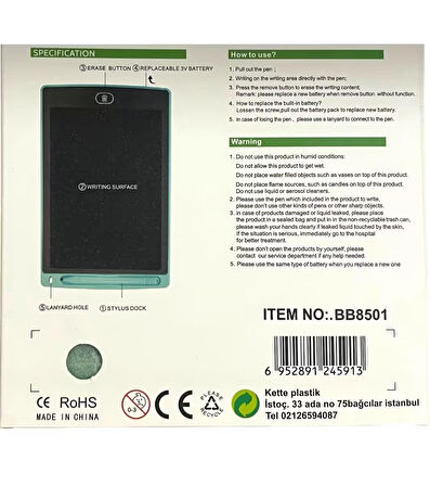 8.5'' LCD Dijital Yazı Tahtası Kalemli Writing Table Baıbıan Siyah Yeşil Black Green