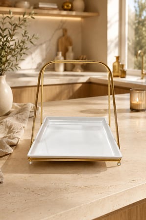 Gold Metal Standlı Melamin Servis Tepsisi Dekoratif Sunum Standı