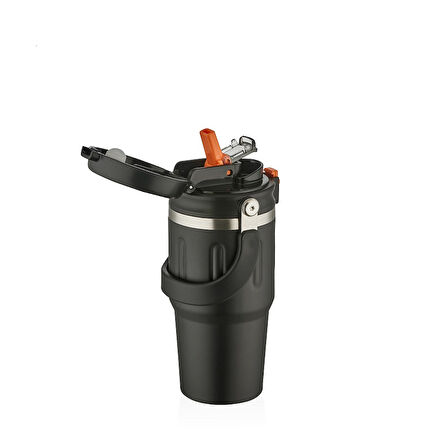 Shotay ST-8166 Çift Kullanım Pipetli/Rahat İçim Siyah 650ml Çelik Termos