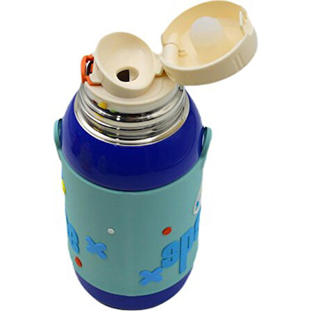 Shotay ST-8812 600ml Askılı Pipetli Mavi Çift Kapak Çelik Matara