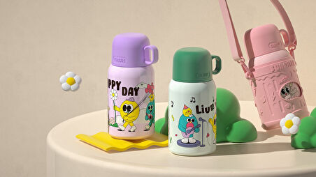 Shotay ST-8817 480ml Askılı Silikon Kılıflı Pipetli Desenli Yeşil Çelik Matara