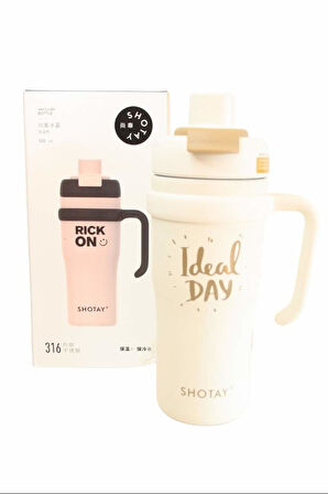 Shotay ST-8918 Çift Kullanım Pipetli/Rahat İçim Beyaz 720ml Çelik Termos