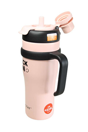 Shotay ST-8919 Çift Kullanım Pipetli/Rahat İçim Pembe 1000ml Çelik Termos