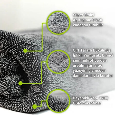 Coofbe Profesyonel 60x90CM 1200GSM Ultra Kalın Mikrofiber Araç Kurulama Havlusu Oto Yıkama Bezi Kurutma Havlusu