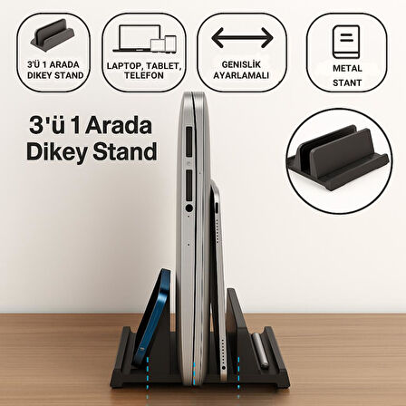 Coofbe 3 Bölmeli Metal Genişlik Ayarlamalı Masaüstü Dikey Macbook Laptop Notebook Standı Telefon Tablet Standı