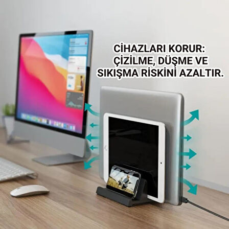 Coofbe 3 Bölmeli Metal Genişlik Ayarlamalı Masaüstü Dikey Macbook Laptop Notebook Standı Telefon Tablet Standı