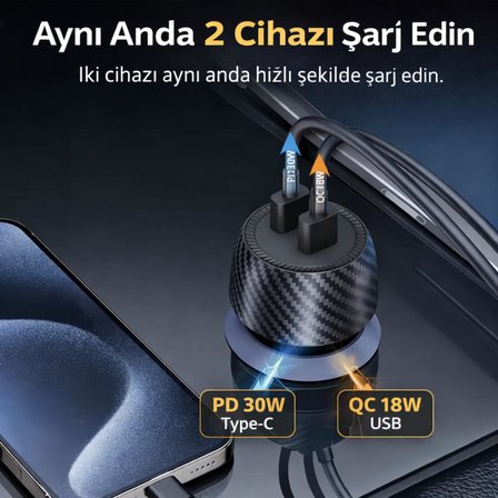 Coofbe Şarj Akım Korumalı 48W 2 Portlu Araç Şarj Aleti Araç Çakmaklık Şarj Aleti Type-C Ve USB Giriş 12V / 24V