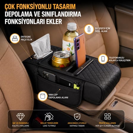 Coofbe Premıum 4in1 Araç Kol Dayama Araç Bardaklık Peçetelik 2 Yan Cüzdanlı Araç İçi Organizer Kol Dayama