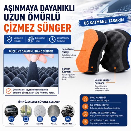 Coofbe Profesyonel Nano Koruma Çizmez Nano Fiber Araç Yıkama Süngeri 3 Boyutlu Yıkama Süngeri