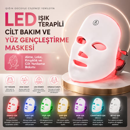 Coofbe 7 Renk LED Yüz Maskesi Foton Işık Terapisi, Kırmızı Işık Cilt Bakım ve Yüz Bakım Maskesi, 90 LED  