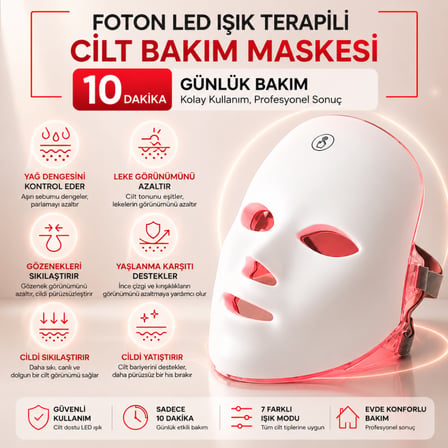 Coofbe 7 Renk LED Yüz Maskesi Foton Işık Terapisi, Kırmızı Işık Cilt Bakım ve Yüz Bakım Maskesi, 90 LED  