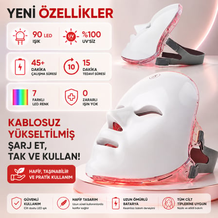 Coofbe 7 Renk LED Yüz Maskesi Foton Işık Terapisi, Kırmızı Işık Cilt Bakım ve Yüz Bakım Maskesi, 90 LED  