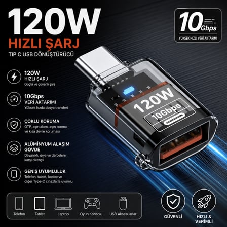 Coofbe Type-C to USB-A OTG Adaptör, 120W Hızlı Şarj, 10Gbps USB 3.2 Veri Aktarımı, Telefon Tablet Laptop Uyumlu