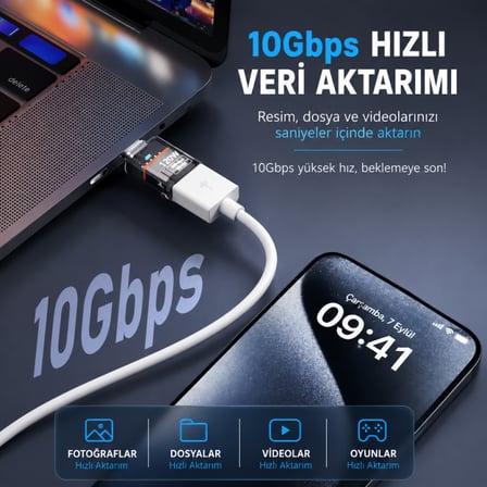 Coofbe Type-C to USB-A OTG Adaptör, 120W Hızlı Şarj, 10Gbps USB 3.2 Veri Aktarımı, Telefon Tablet Laptop Uyumlu