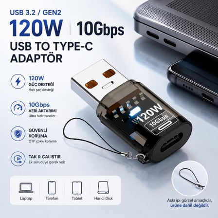Coofbe USB Type-C Dönüştürücü Adaptör 120W Hızlı Şarj Destekli 10Gbps USB 3.2 Gen2 OTG Type-C Dönüştürücü Adaptör