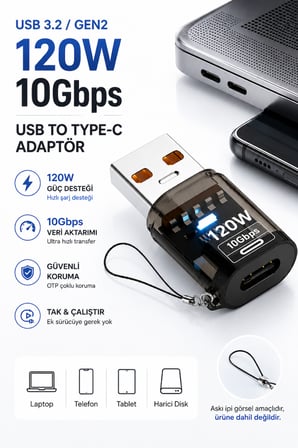 Coofbe USB Type-C Dönüştürücü Adaptör 120W Hızlı Şarj Destekli 10Gbps USB 3.2 Gen2 OTG Type-C Dönüştürücü Adaptör