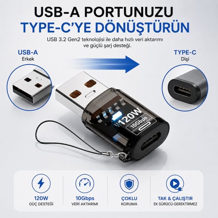 Coofbe USB Type-C Dönüştürücü Adaptör 120W Hızlı Şarj Destekli 10Gbps USB 3.2 Gen2 OTG Type-C Dönüştürücü Adaptör