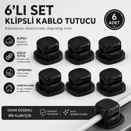 Coofbe 6'lı Yapışkanlı Kablo Tutucu Klips Masaüstü Kablo Düzenleyici Şarj Kablosu Sabitleyici 