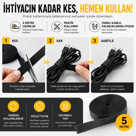 Coofbe 5 Metre Cırt Cırt Kablo Düzenleyici Bant Kesilebilir Kablo Toparlayıcı Bağ ve Tutucu Kablo Düzenleyici 