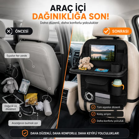 Coofbe Araç Koltuk Arkası Organizer, Katlanır Masa, Tablet Telefon Tutucu, Bardaklık ve Çok Cepli Oto Eşya Düzenleyici