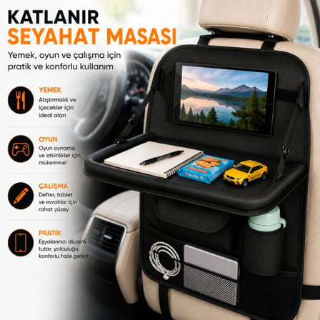 Coofbe Araç Koltuk Arkası Organizer, Katlanır Masa, Tablet Telefon Tutucu, Bardaklık ve Çok Cepli Oto Eşya Düzenleyici