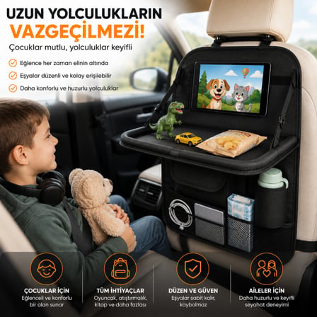 Coofbe Araç Koltuk Arkası Organizer, Katlanır Masa, Tablet Telefon Tutucu, Bardaklık ve Çok Cepli Oto Eşya Düzenleyici