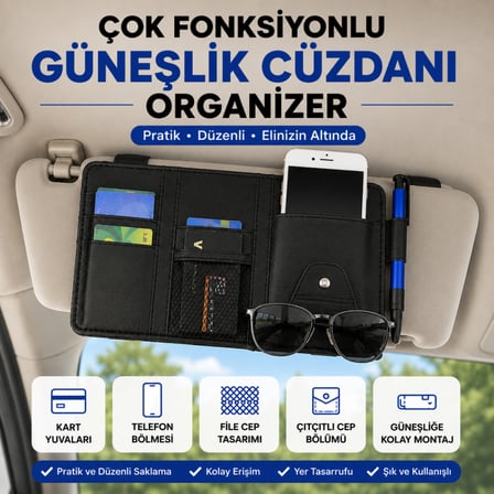 Coofbe Araç İçi Güneşlik Organizer Cüzdan Çok Bölmeli Telefon Gözlük Kart Kalem Tutucu Oto Düzenleyici
