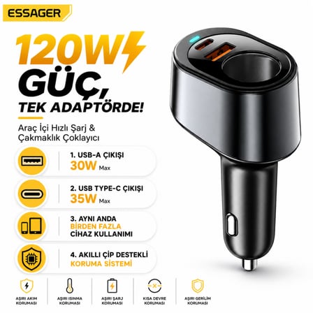 ESSAGER 120W Araç Şarj Cihazı Çakmaklık Çoğaltıcı Type-C USB PD Hızlı Şarj 12-24V PD3.0 QC3.0 PD Hızlı Şarj