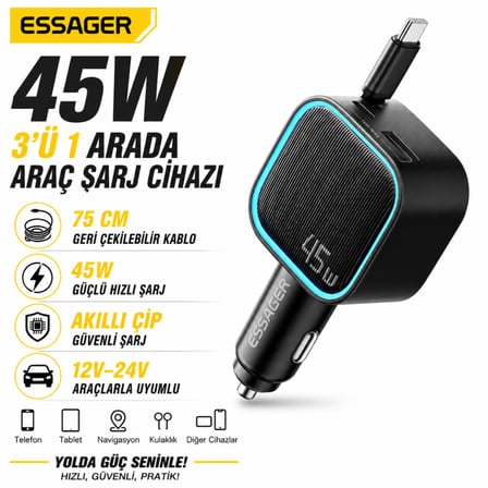 ESSAGER 45W Araç Şarj Cihazı Geri Çekilebilir Type-C Kablolu PD Hızlı Şarj Çakmaklık Adaptörü 75cm Kablo