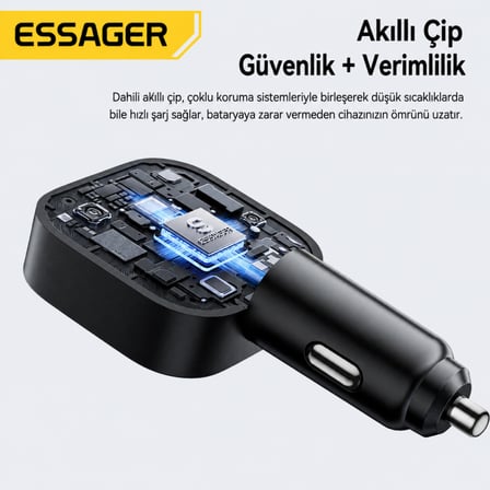 ESSAGER 45W Araç Şarj Cihazı Geri Çekilebilir Type-C Kablolu PD Hızlı Şarj Çakmaklık Adaptörü 75cm Kablo
