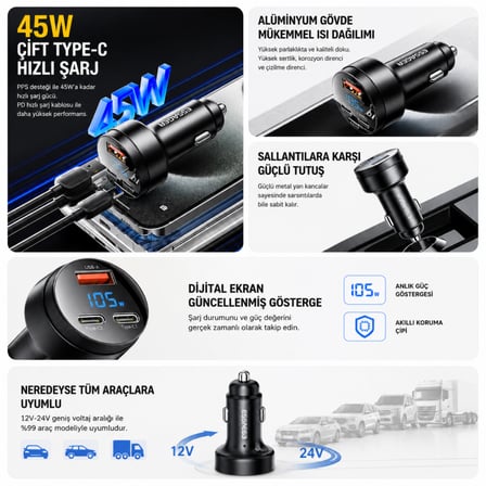 ESSAGER 105W Araç İçi Hızlı Şarj Cihazı 3 Port 2 Type-C USB PD Dijital Ekranlı Çakmaklık Adaptörü