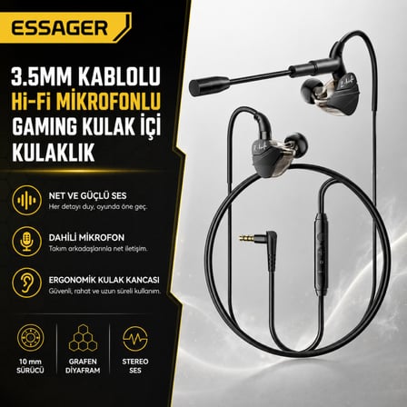 ESSAGER G62 Gaming Kulak İçi Oyuncu Kulaklığı Mikrofonlu Hi-Fi Stereo 10mm Grafen Sürücü 3.5mm Jack