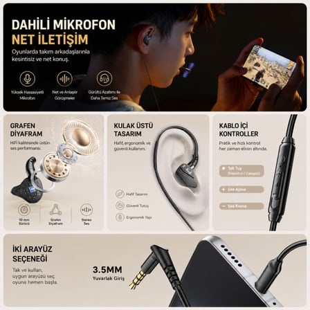 ESSAGER G62 Gaming Kulak İçi Oyuncu Kulaklığı Mikrofonlu Hi-Fi Stereo 10mm Grafen Sürücü 3.5mm Jack