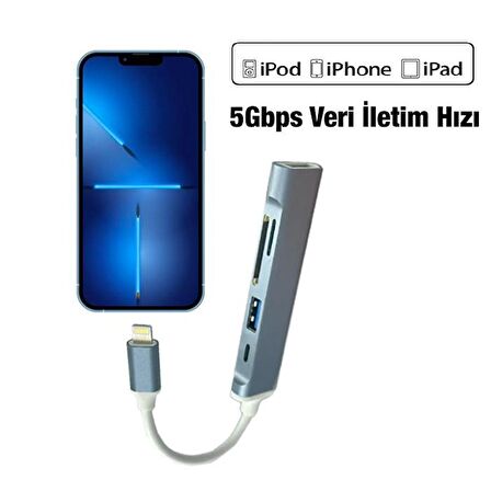 Coofbe İpad, İphone Lightning Girişli 5in1 Çoğaltıcı Hub, 2x USB,  1x Type C, 1x SD, 1x TF Okuyucu