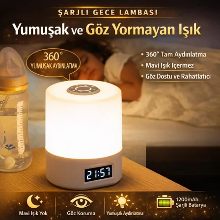 Coofbe Parlaklık Ayarlı Şarjlı Saatli Masa Lambası Gece Lambası LED Göz Korumalı Masaüstü Saat Gece Lambası
