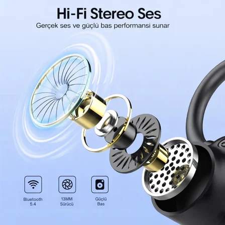 Coofbe Bluetooth Vers.5.4 500mAh Kancalı Kulakiçi Bluetooth Kulaklık Şarj Göstergeli Stereo Kulaklık